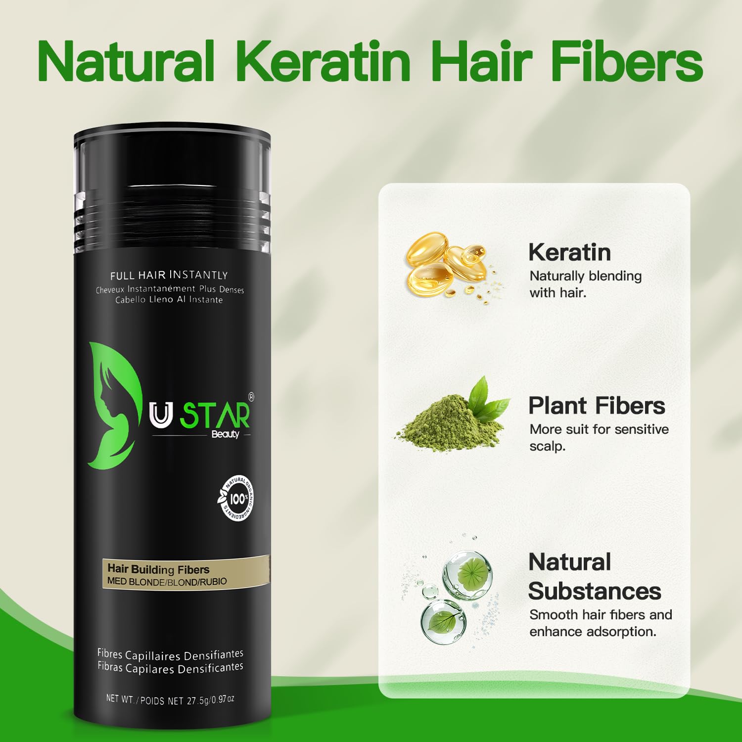 USTAR hair-fiber-holding-spray securing fibers for all day hold.