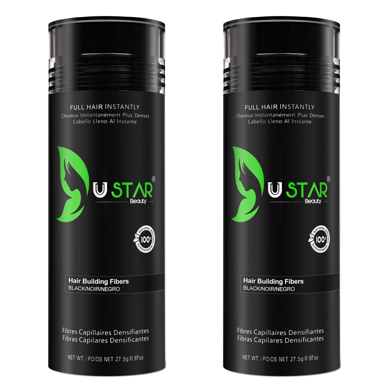 USTAR Hair Fibers 55g bottle close-up shows natural blend with existing hair