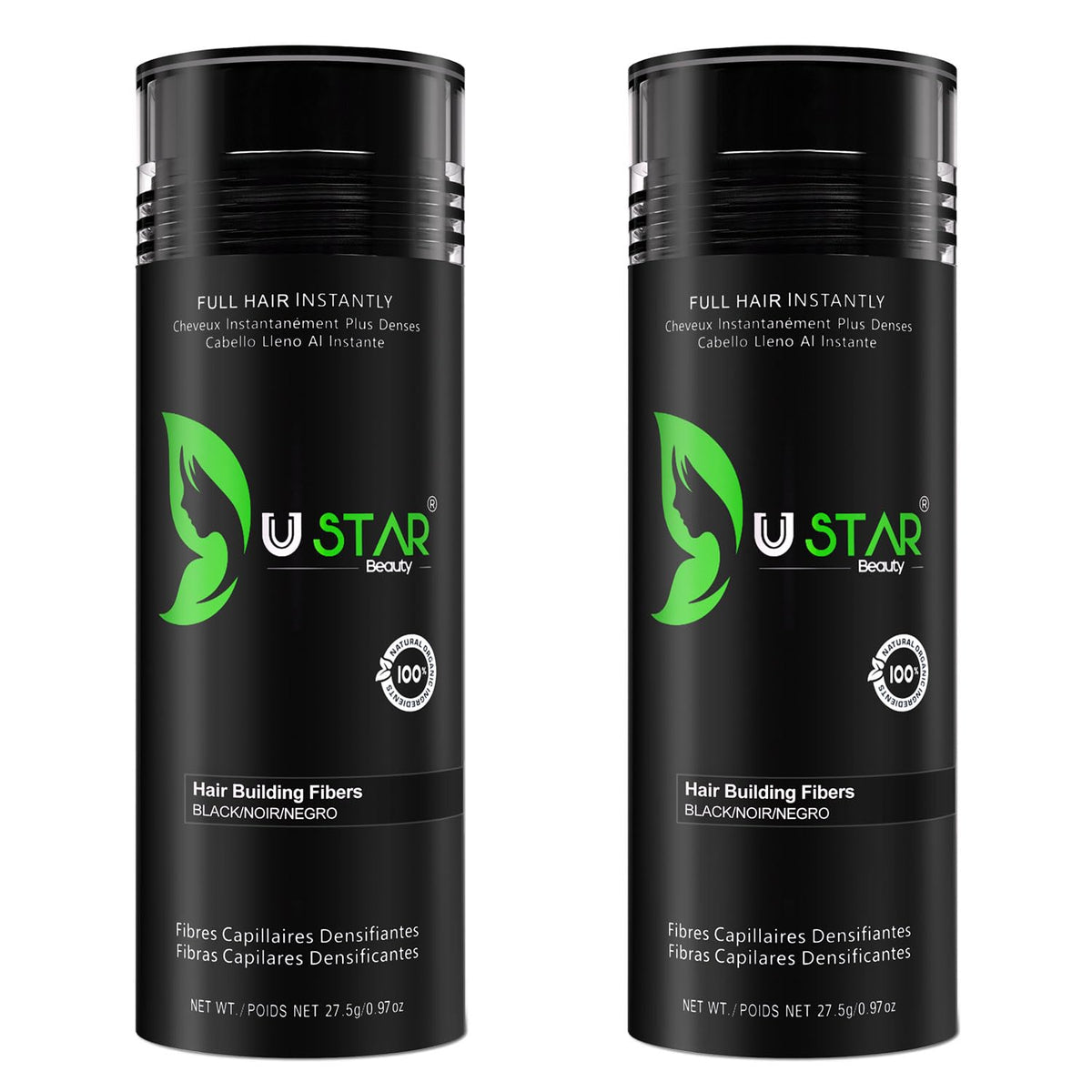 USTAR Hair Fibers 55g bottle close-up shows natural blend with existing hair