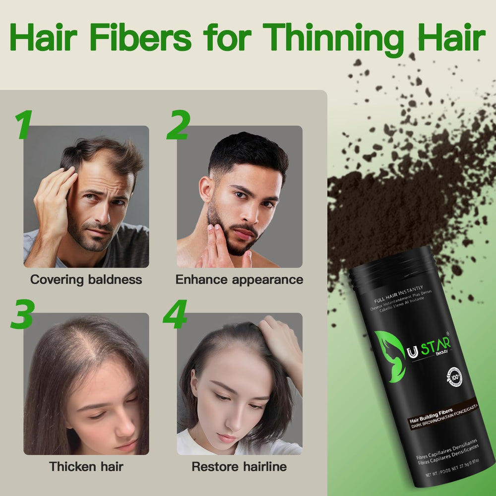 USTAR natural keratin fibers blend with hair for fuller look