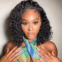 Usweety headband wig on model with curly short deep wave for a natural look