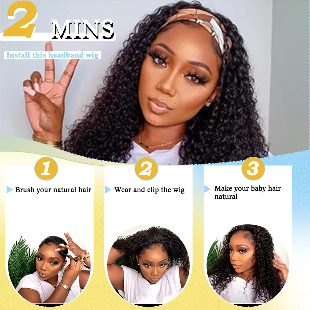 Usweety headband wig shows left-right combs and back strap for secure fit