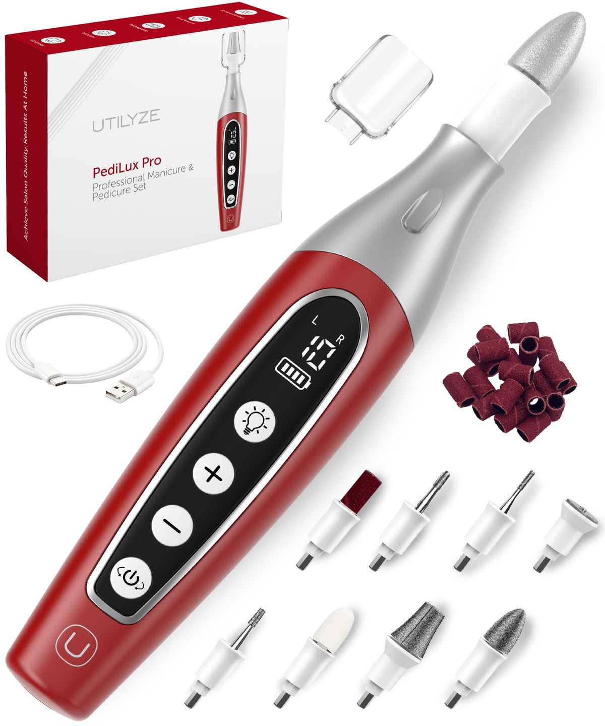 UTILYZE PediLux Pro cordless nail drill in action for home manicure and pedicure.