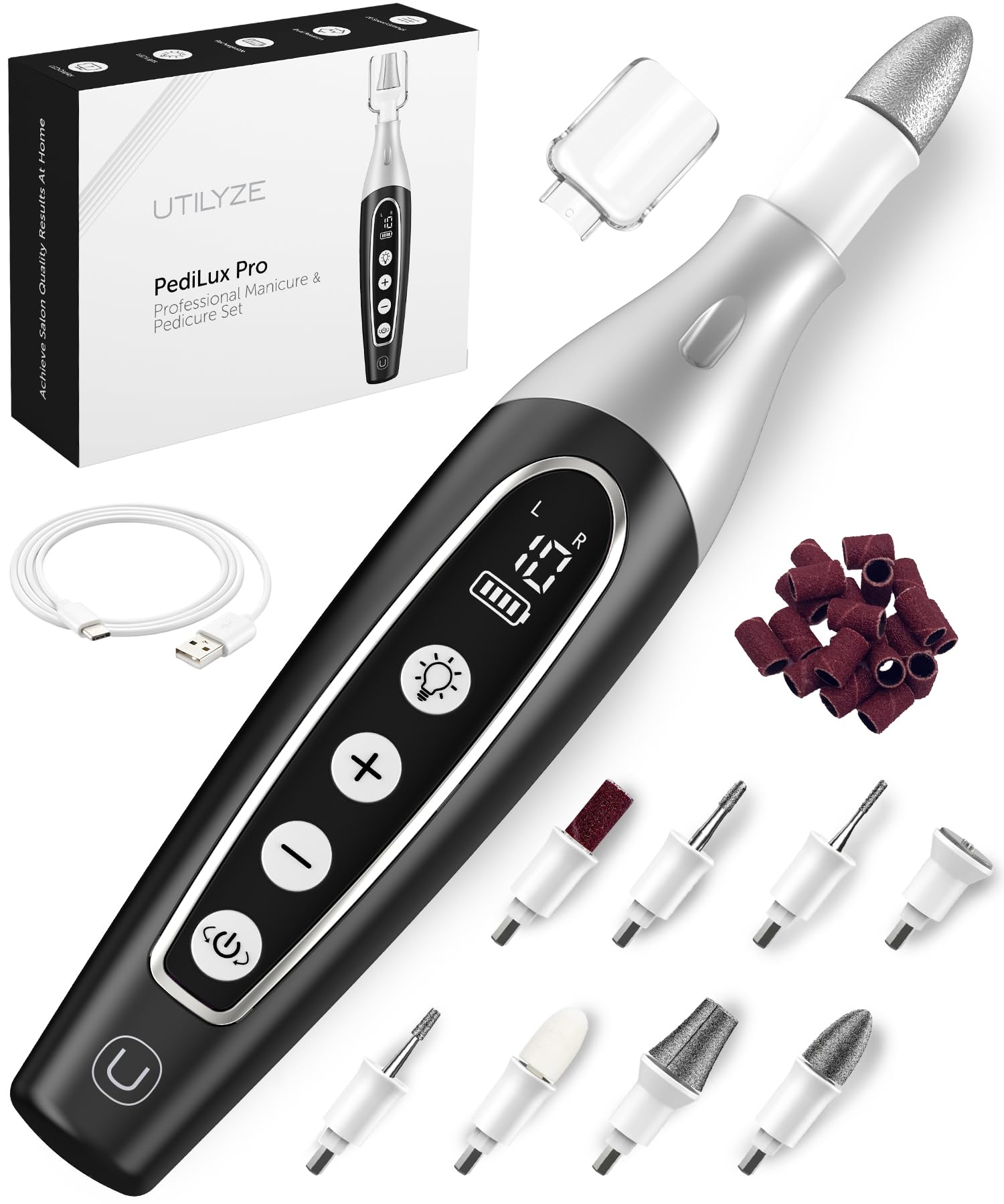 UTILYZE PediLux Pro kit overview showing a complete nail care setup for home use.