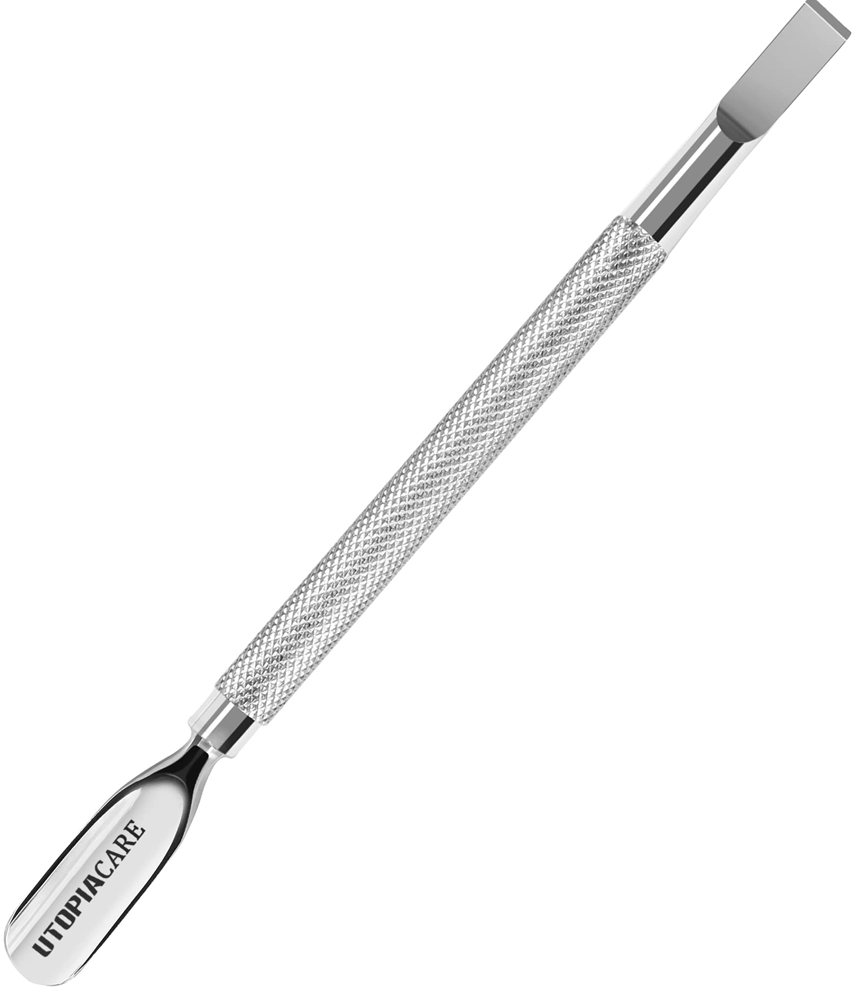 Utopia Care cuticle pusher shows a 5-and-a-half-inch dual-end design for precise care