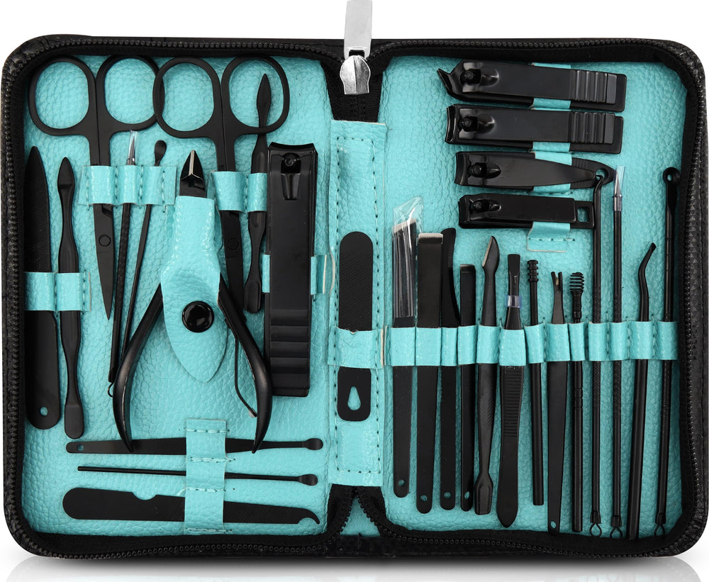 Utopia Care manicure kit front view highlighting compact travel-ready case for on-the-go grooming.