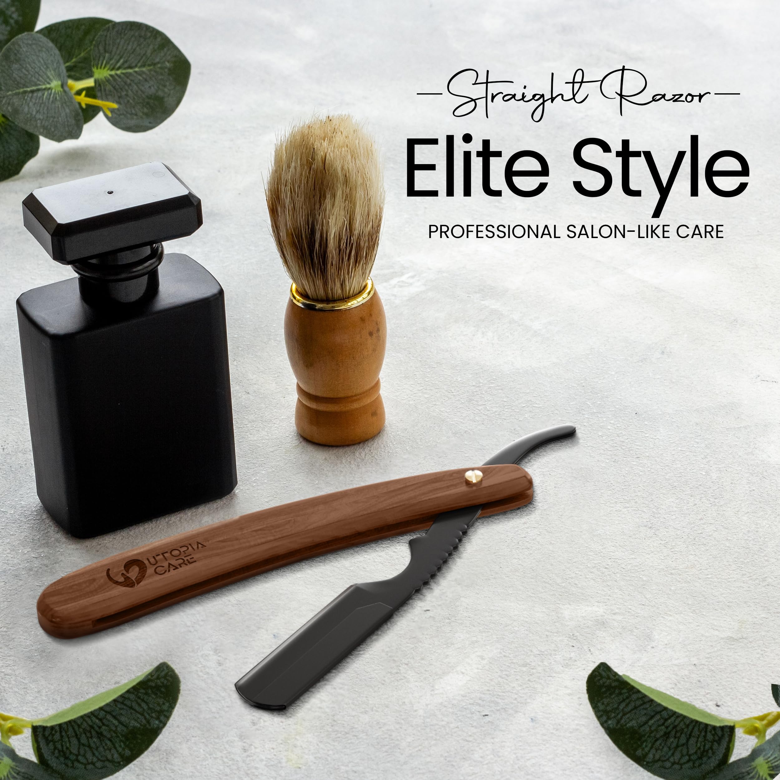 Utopia Care straight razor with polished wood grip for premium feel.