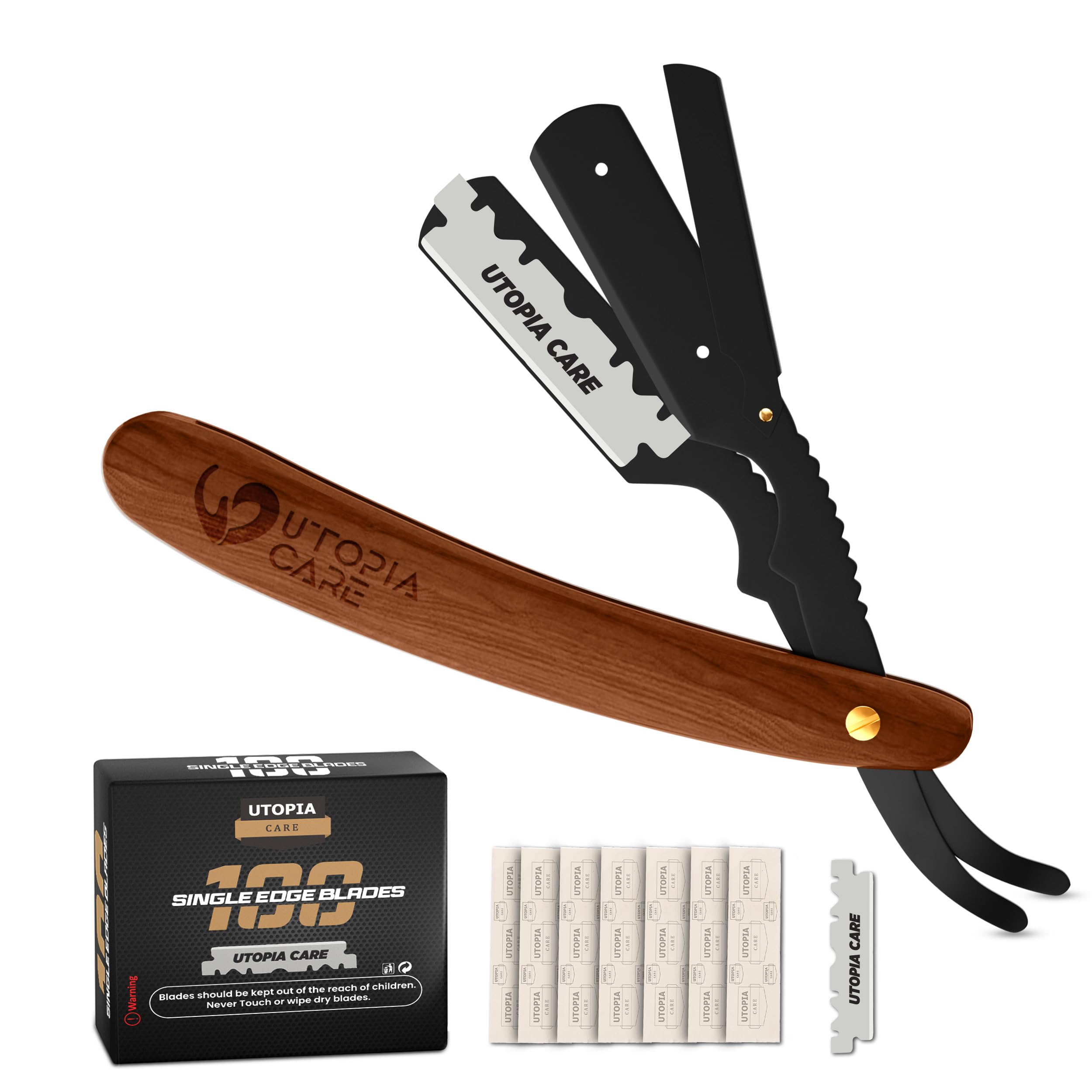 Utopia Care straight razor with wooden handle offering precise grooming.