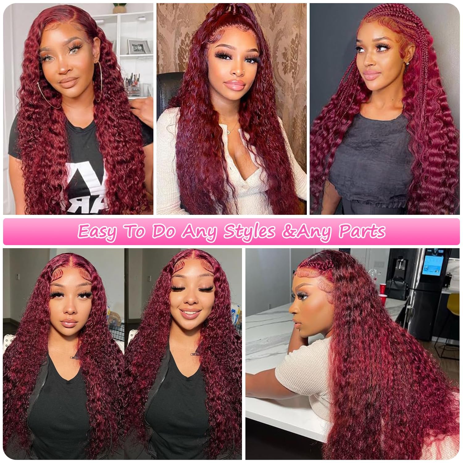 UTracycoy burgundy wig on model demonstrates versatile styling.