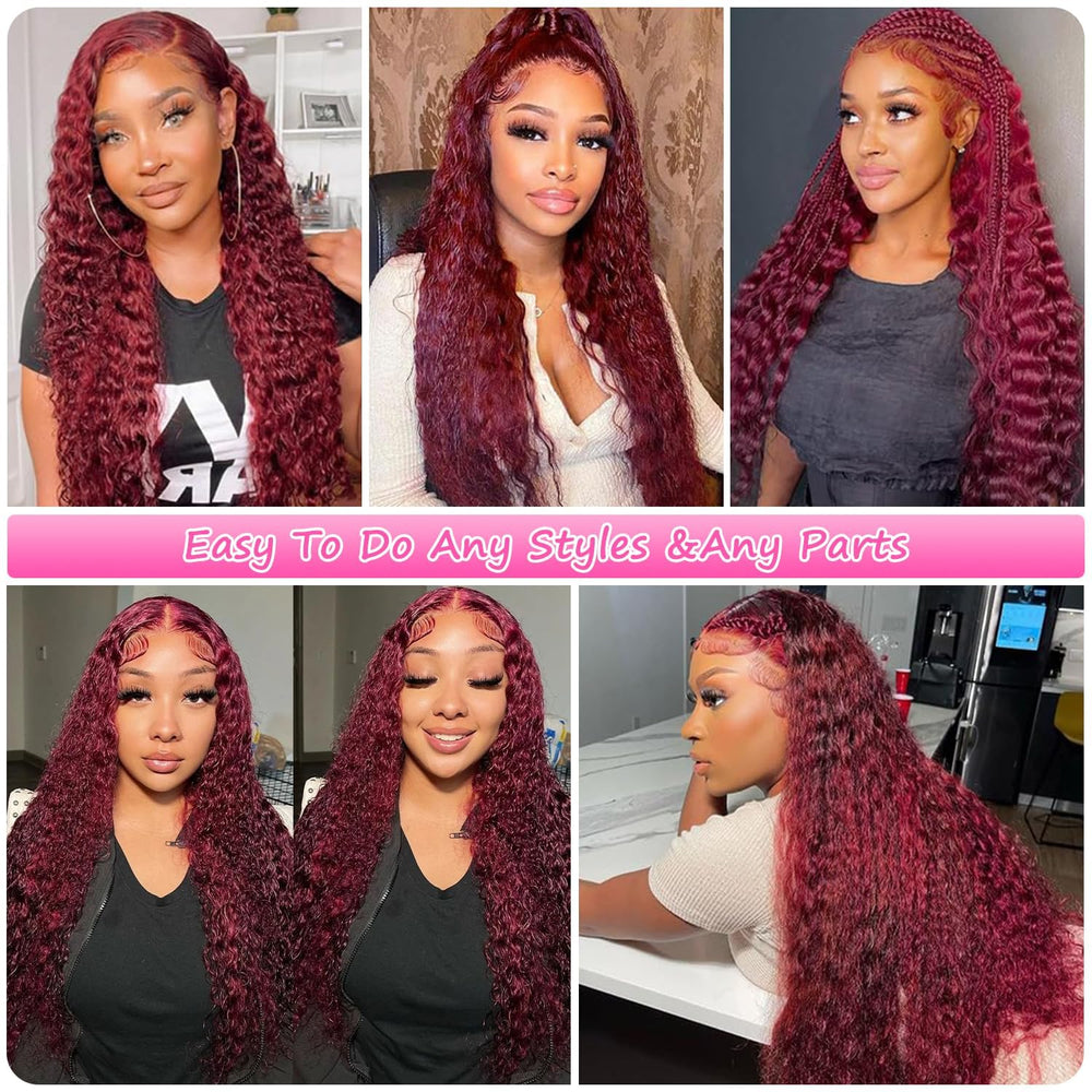 UTracycoy burgundy wig on model demonstrates versatile styling.