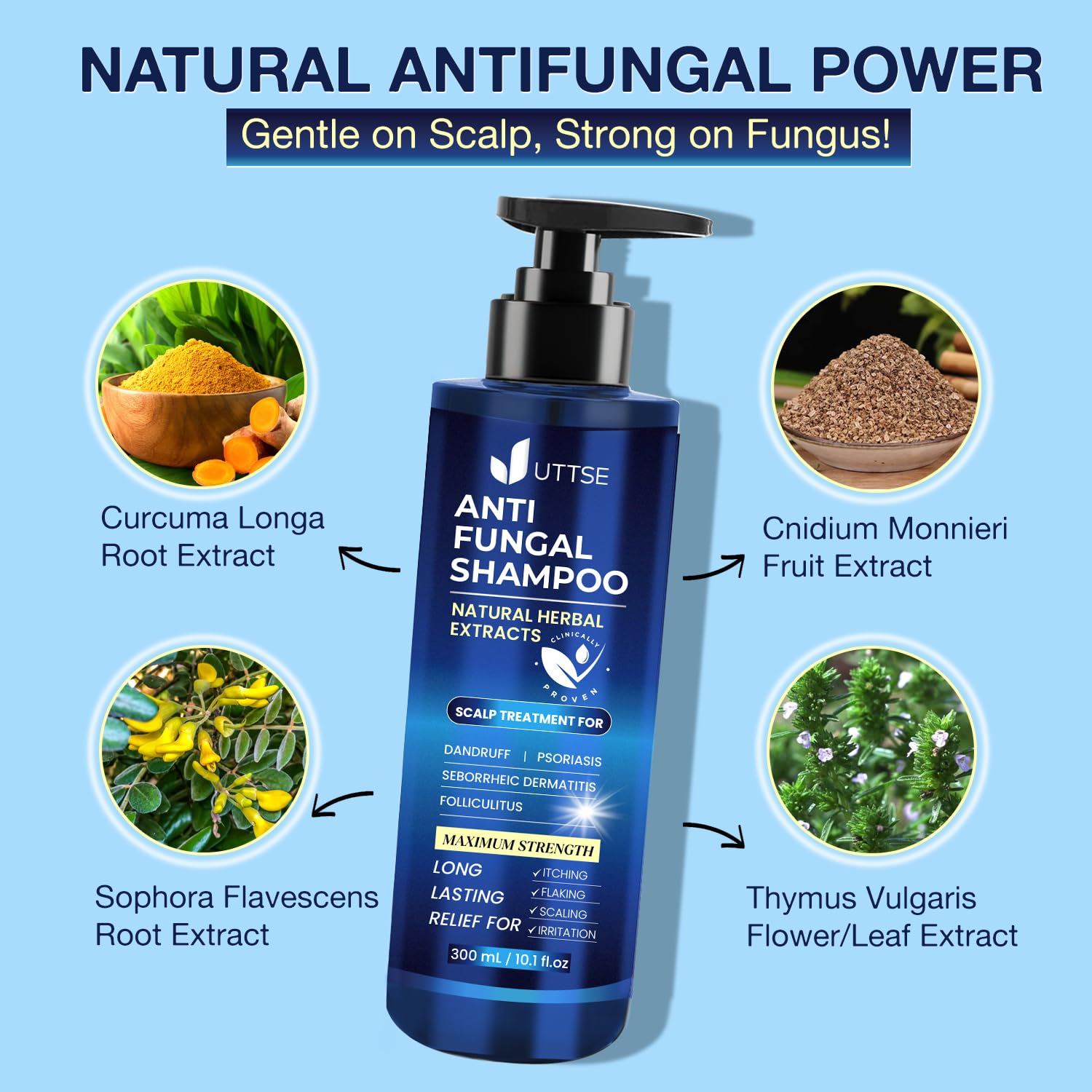 Uttse anti-fungal shampoo bottle pour captured for even lather and cleansing.