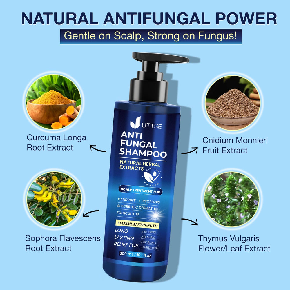 Uttse anti-fungal shampoo bottle pour captured for even lather and cleansing.