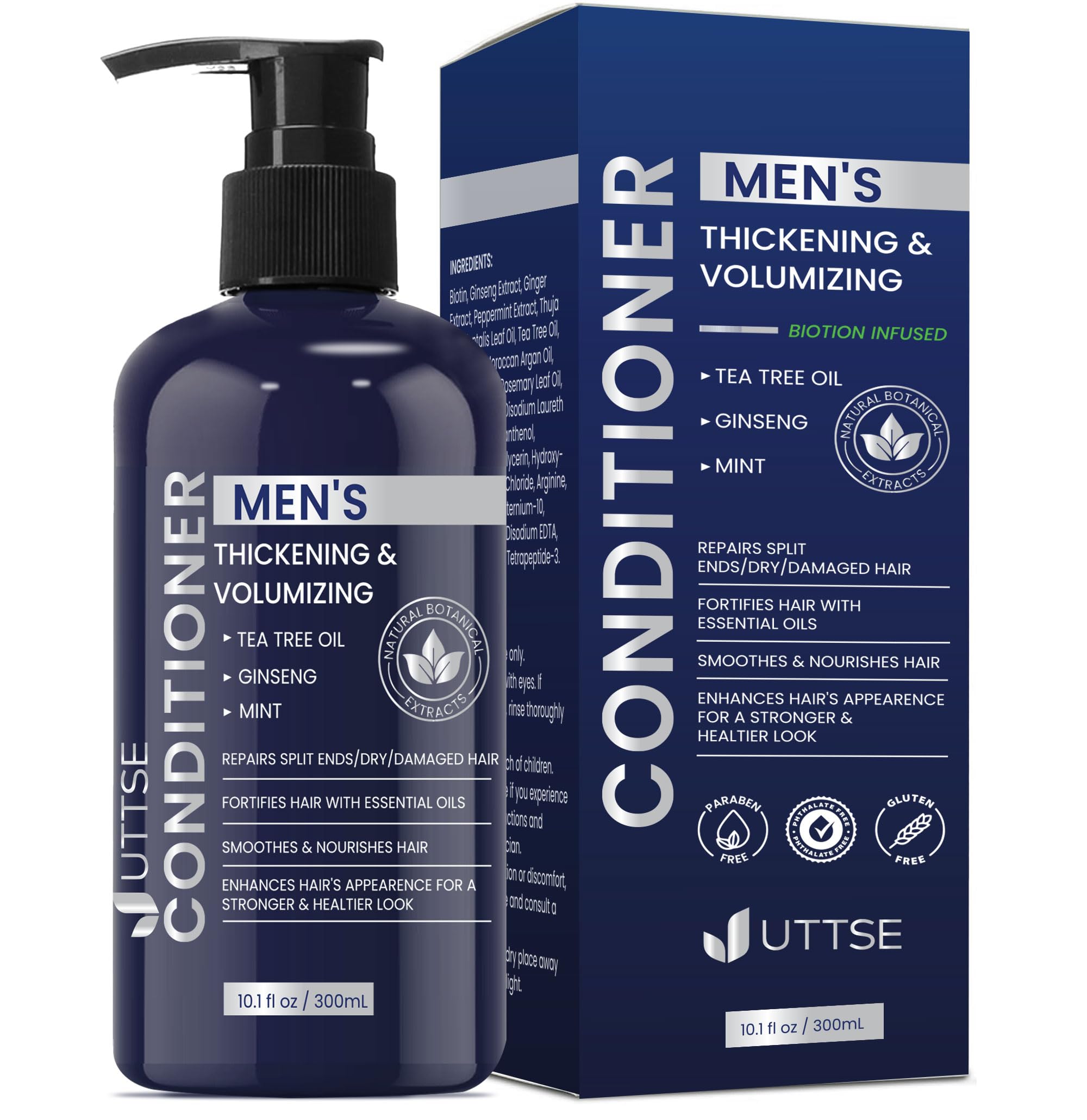 Uttse Biotin Hair Growth Conditioner bottle in dark blue promotes thicker-looking hair.
