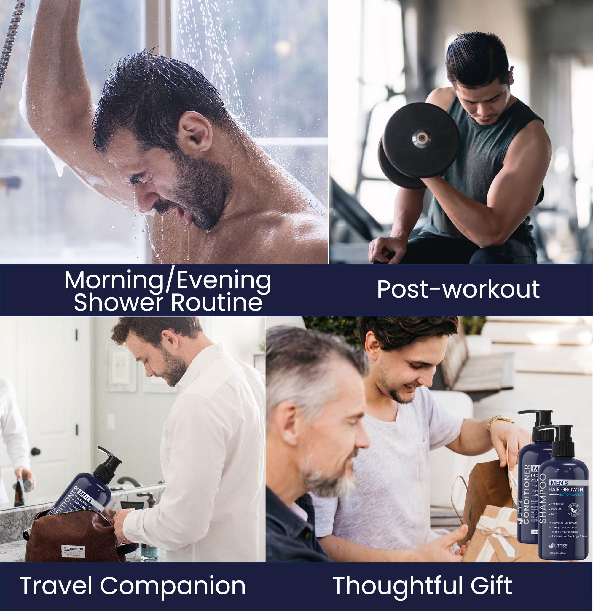 A man uses Uttse in bathroom as part of daily hair care routine.