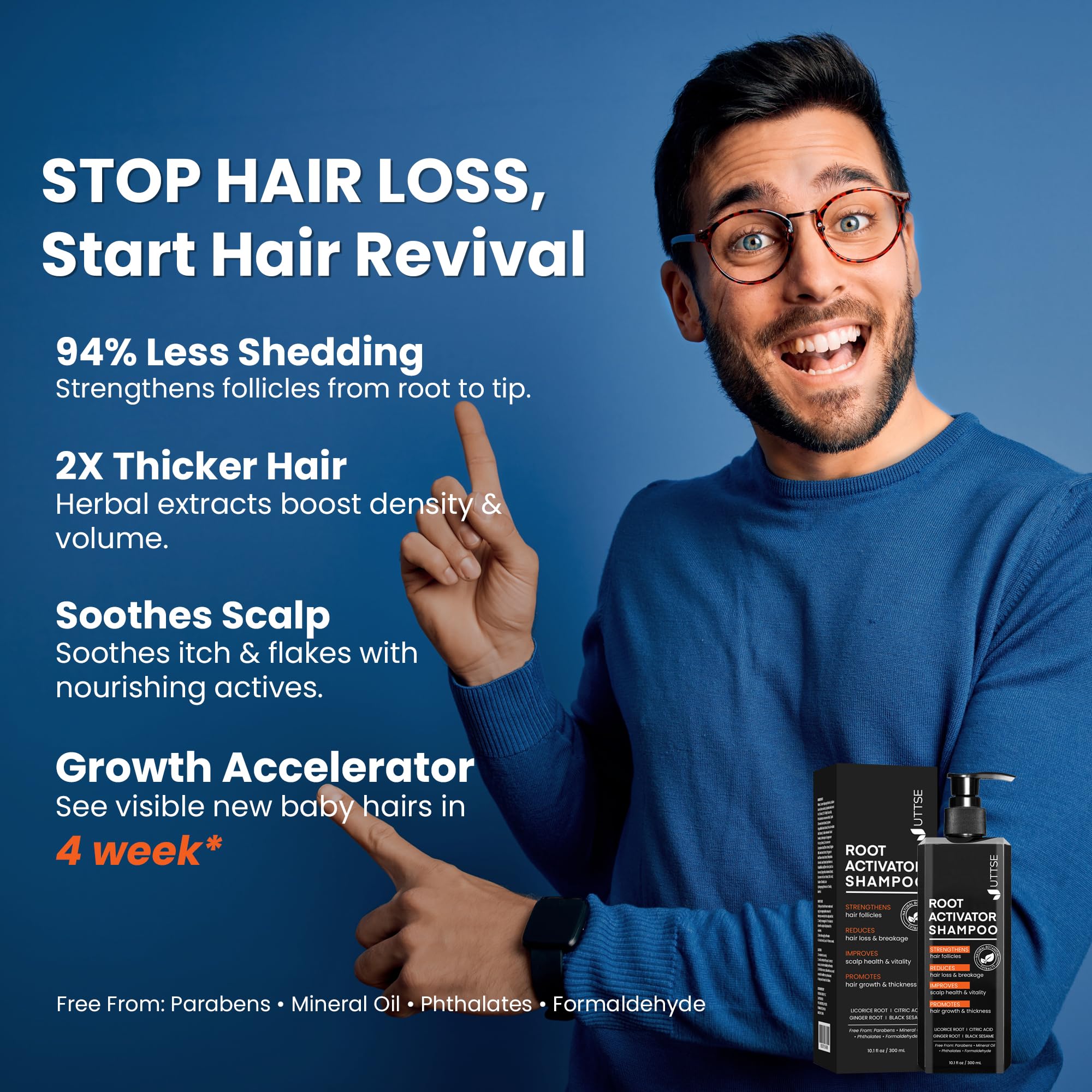 Close-up of Uttse Root Activator Shampoo front label showing natural ingredients.
