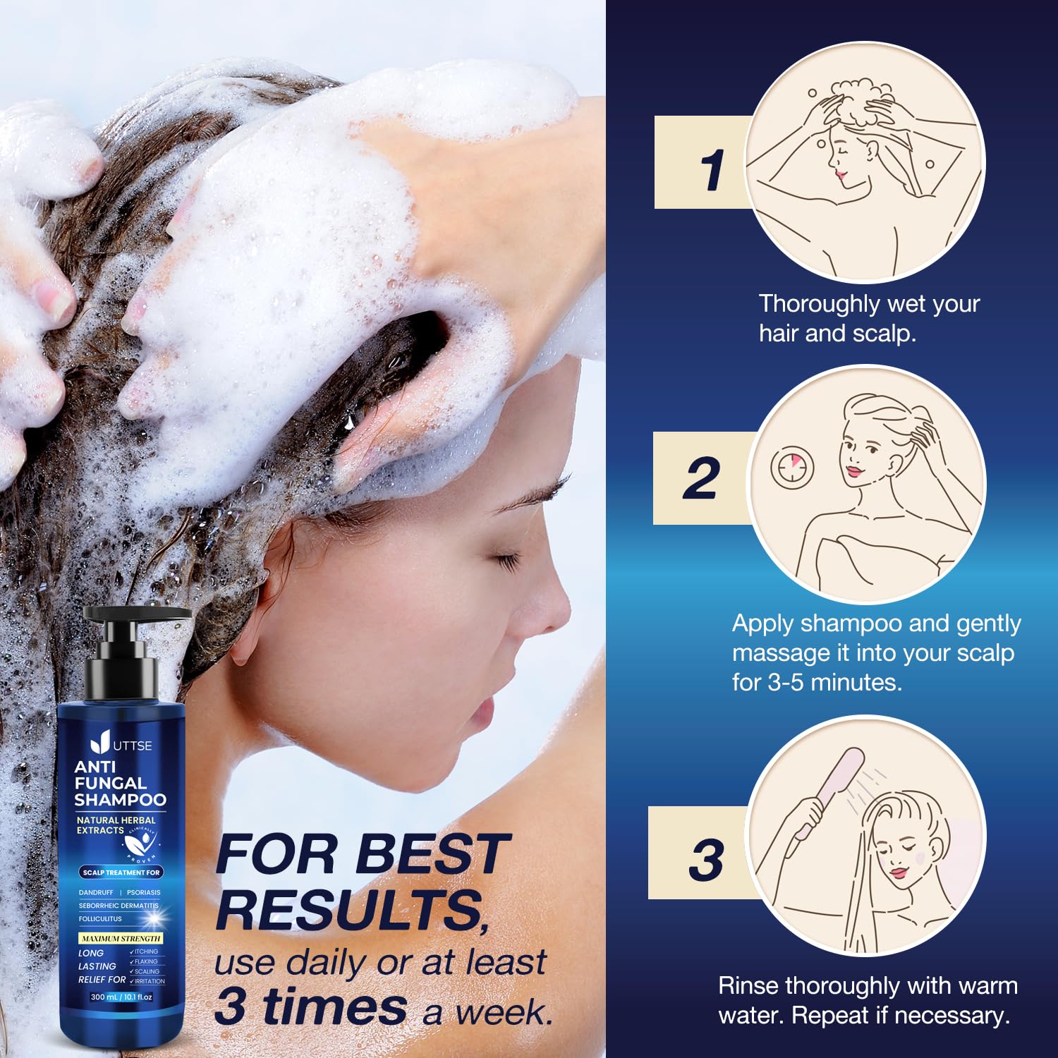 Uttse shampoo packaging side-view showcasing safe formula and details.