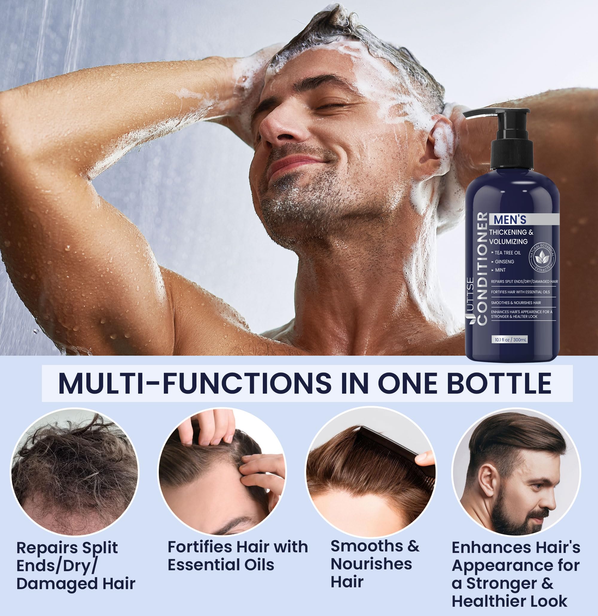 Uttse botanical blend of tea tree, ginseng, and mint for scalp refreshment.