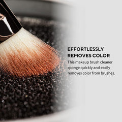 UVé makeup brush cleaner sponge demonstrates back-and-forth swiping to lift pigment.