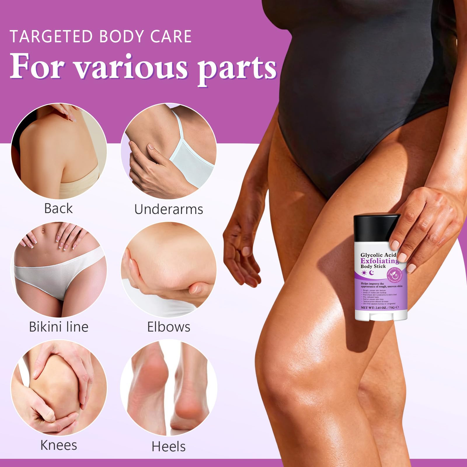 UXENPHXF Glycolic Exfoliating Body Stick non-stick-design keeps hands clean during application.