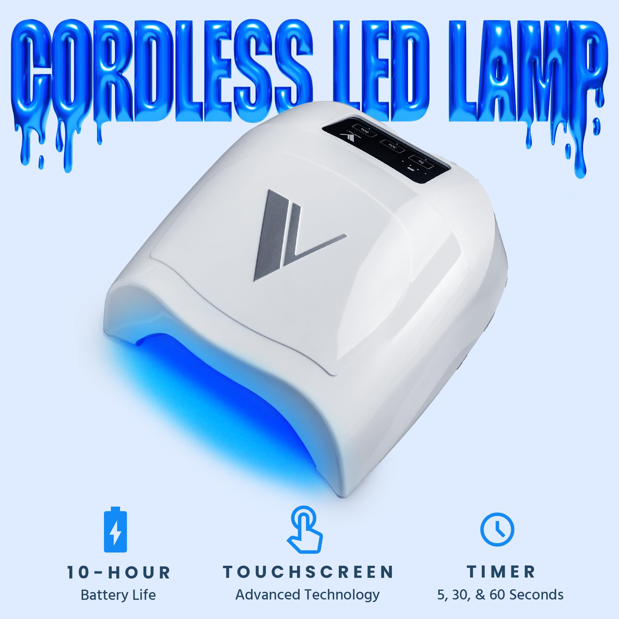 V Beauty Pure lamp with hand-under-lamp shot, supports quick gel cures.
