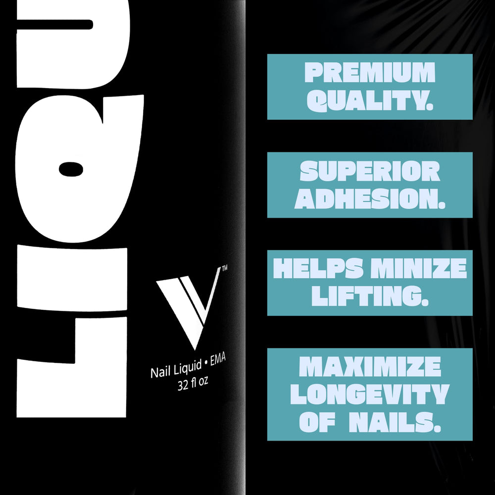 V Beauty Pure monomer liquid adhesion closeup shows strong bond potential.