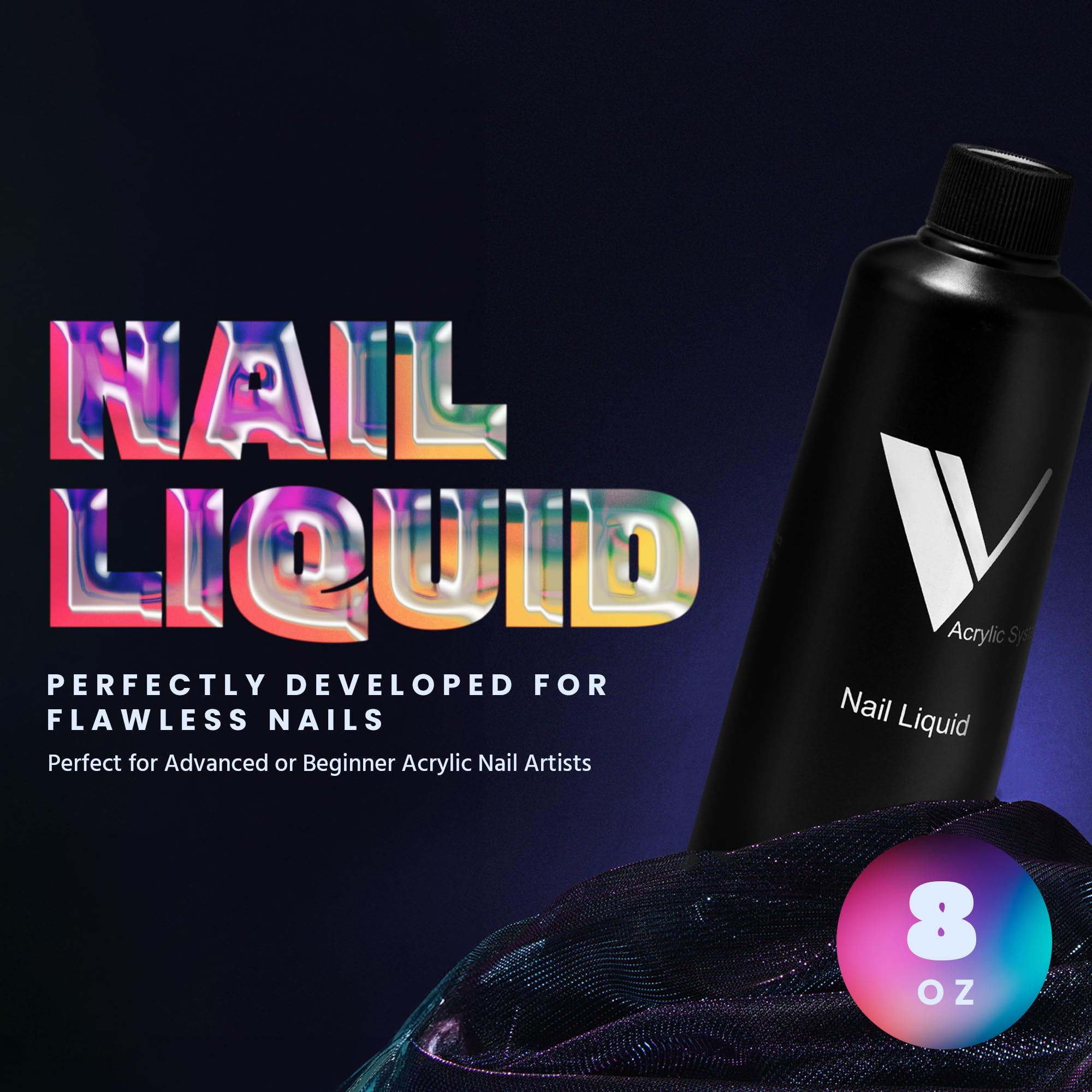 V Beauty Pure monomer liquid side shot highlighting even setting speed for sculpting.