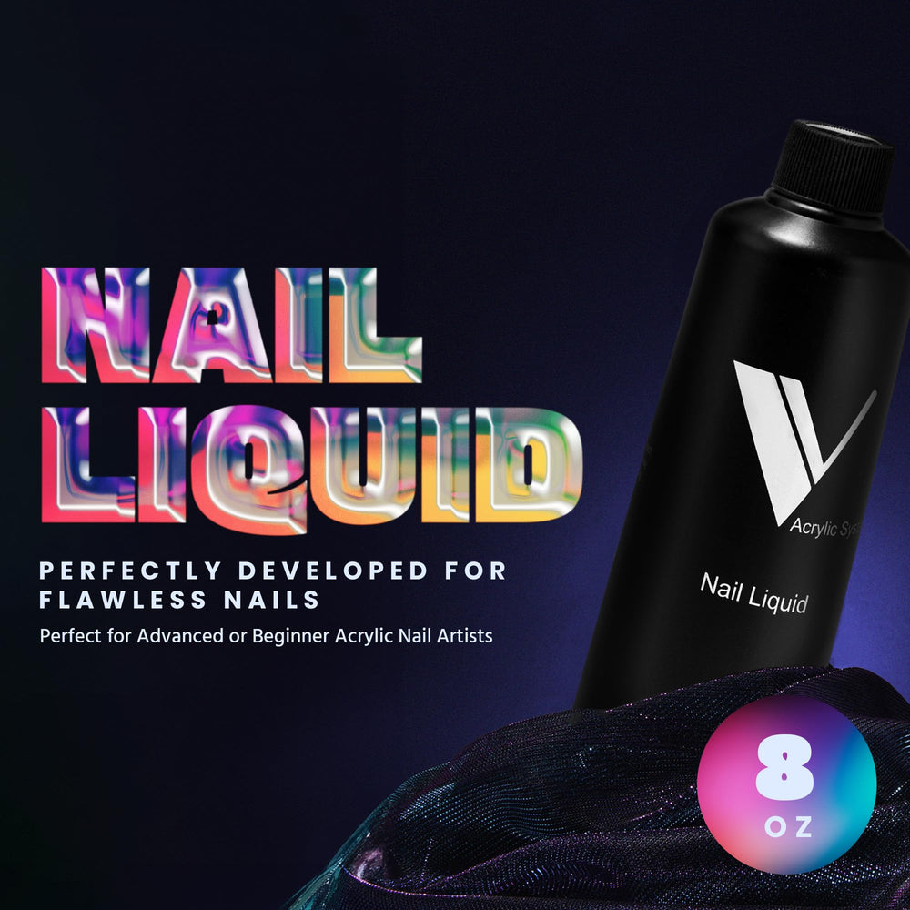 V Beauty Pure monomer liquid side shot highlighting even setting speed for sculpting.
