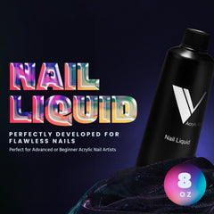 V Beauty Pure monomer liquid side shot highlighting even setting speed for sculpting.