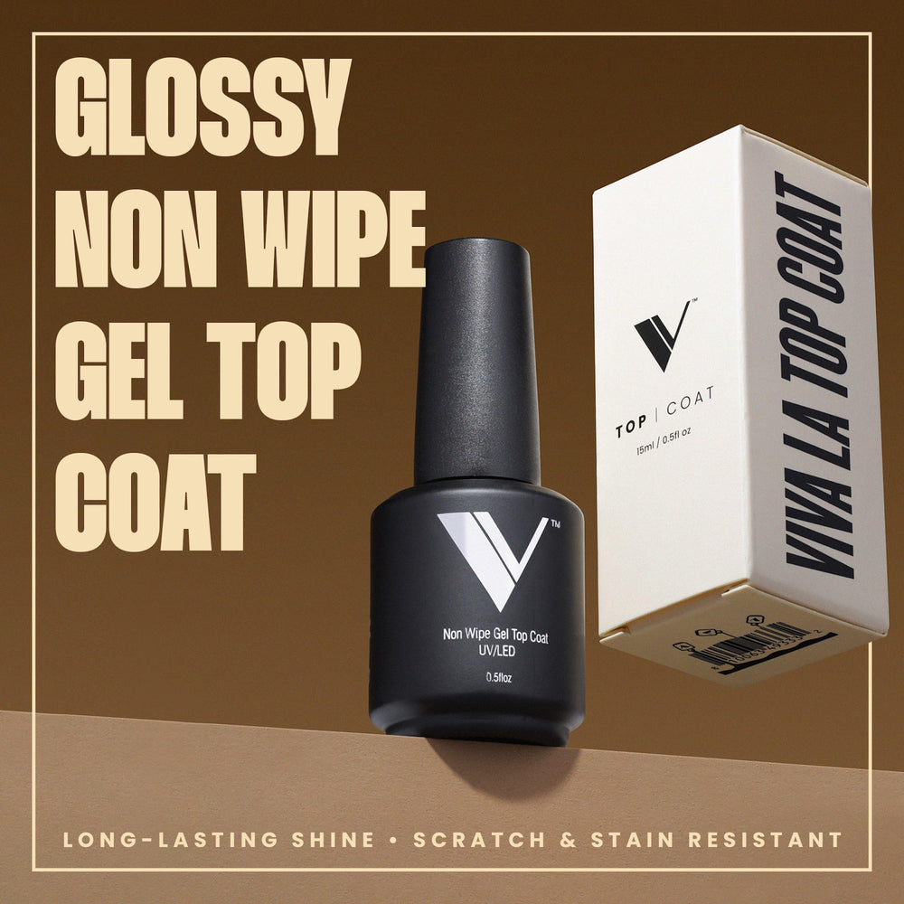 V Beauty Pure No Wipe Gel Top Coat on nails with a mirror-like gloss.