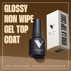 V Beauty Pure No Wipe Gel Top Coat on nails with a mirror-like gloss.