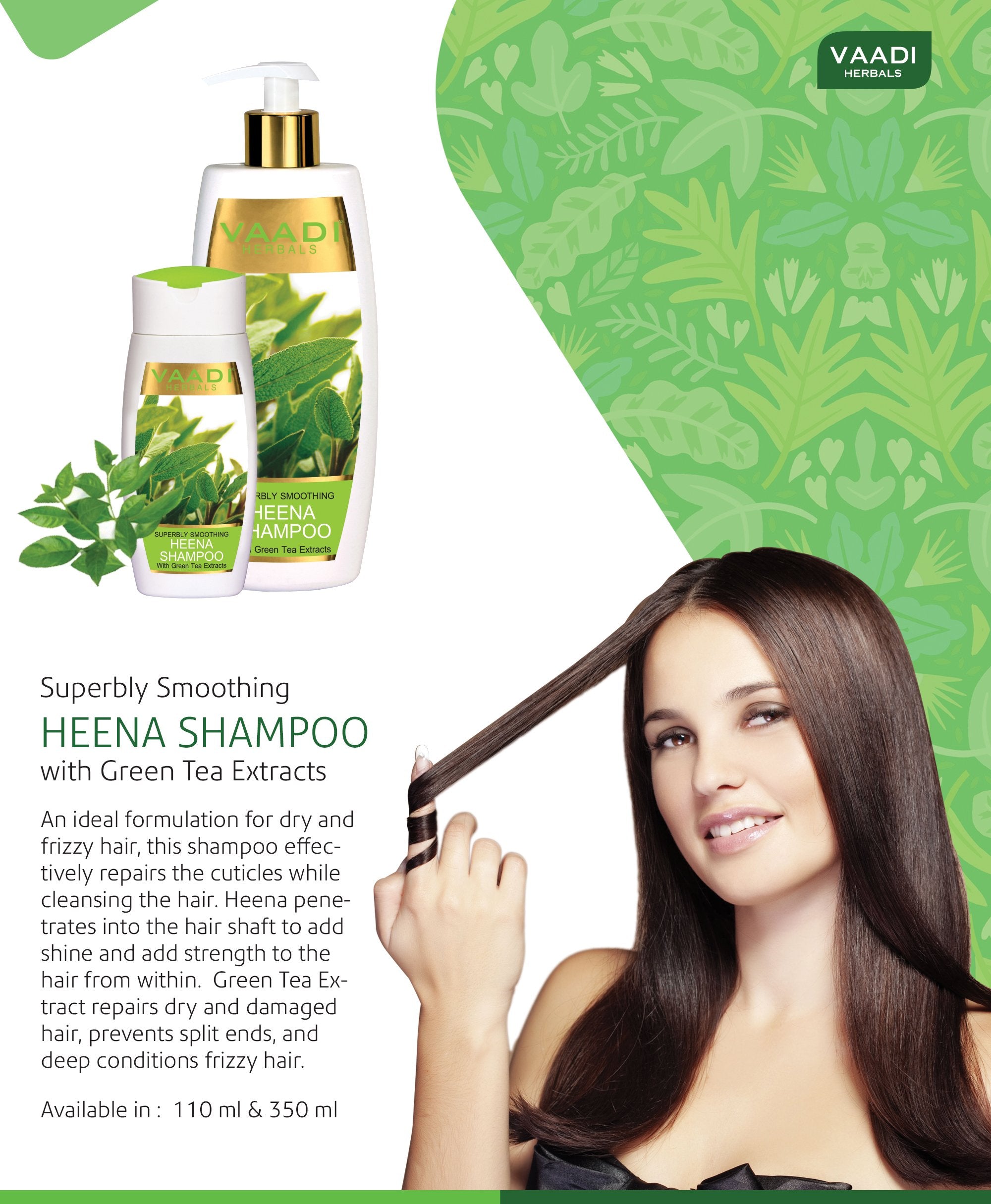 Vaadi Herbals Heena shampoo being applied showing frizz control and shine