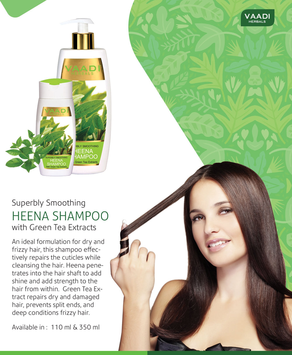 Vaadi Herbals Heena shampoo being applied showing frizz control and shine