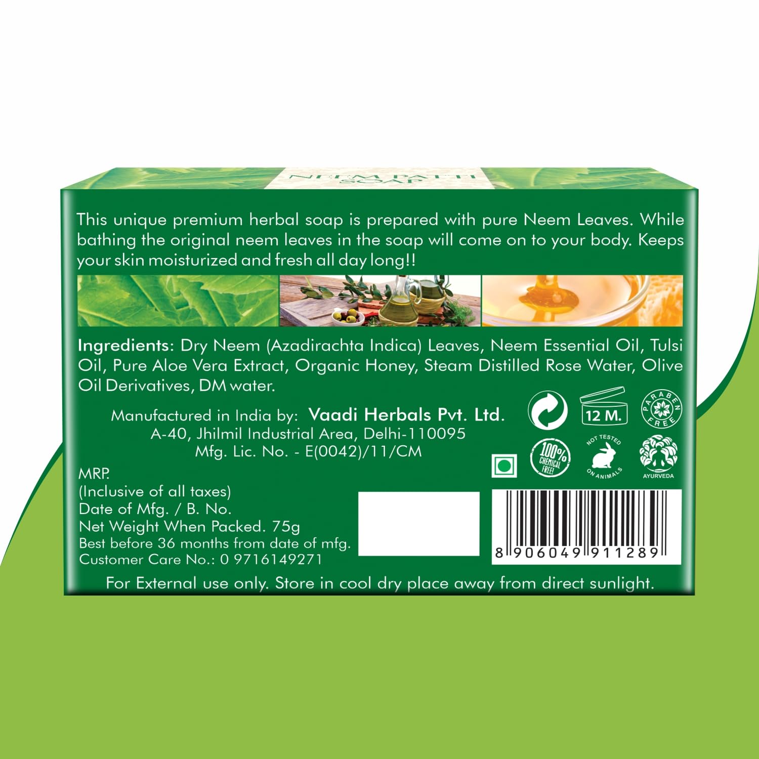Vaadi Neem Leaves Bar Soap natural formula close-up with herbal ingredients.