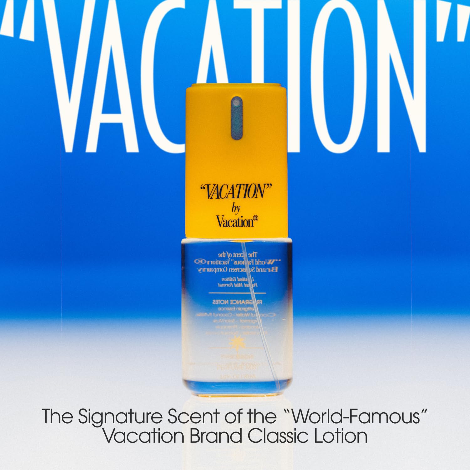VACATION AFTER SUN body mist close-up emphasizing Aloe and Green Tea notes for post-sun refreshment.