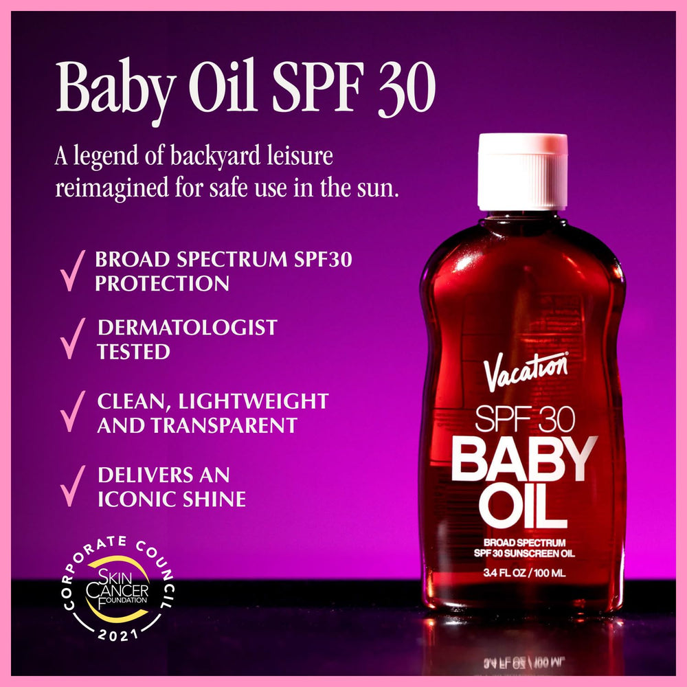 Vacation Baby Oil SPF 30 application shot showing lightweight texture on skin.