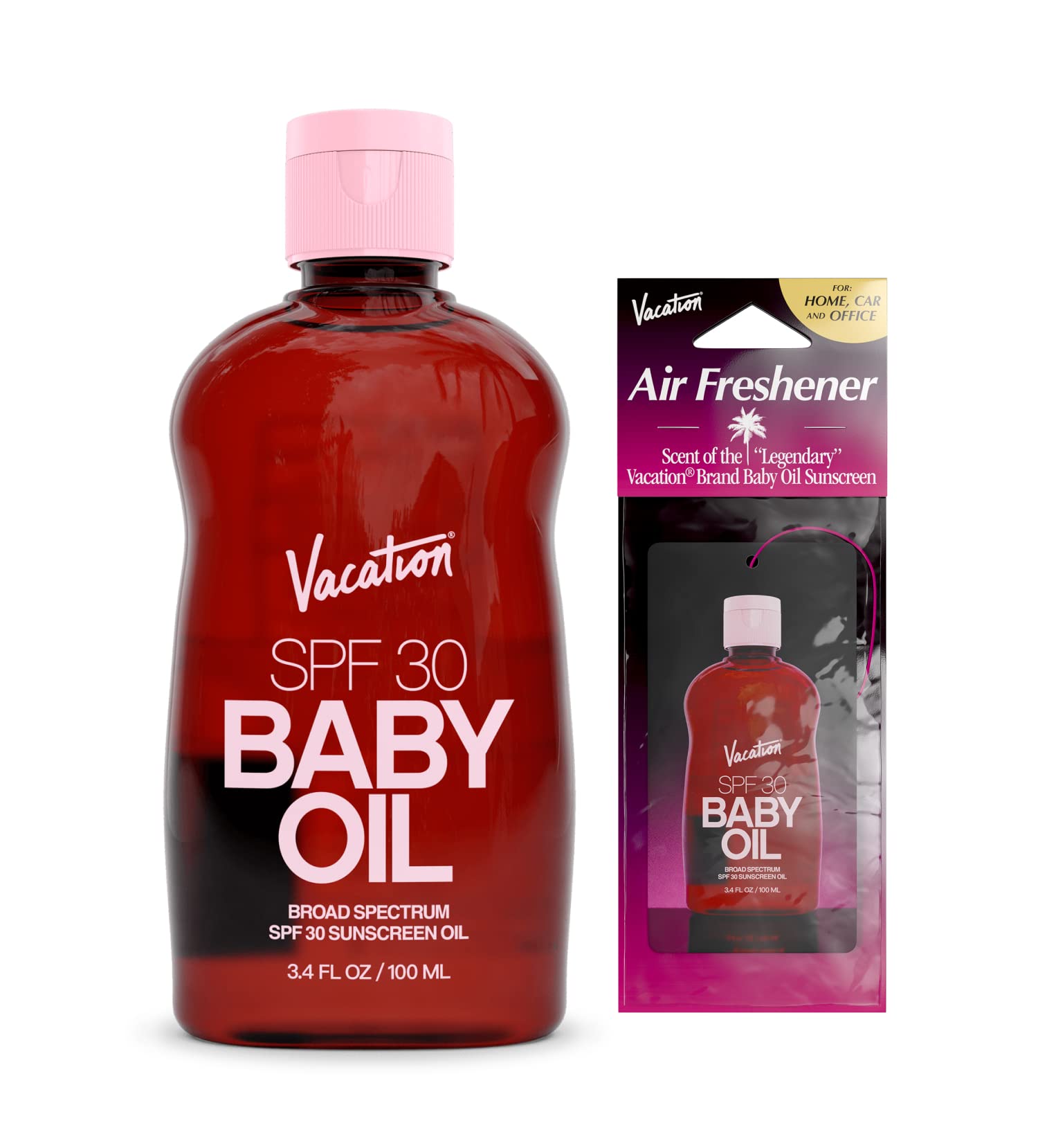 Vacation Baby Oil SPF 30 bottle shown with protective shine for sun-ready skin.