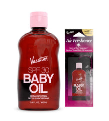 Vacation Baby Oil SPF 30 bottle shown with protective shine for sun-ready skin.