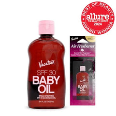 Vacation Baby Oil SPF 30 label close-up highlighting invisible finish on all skin tones.