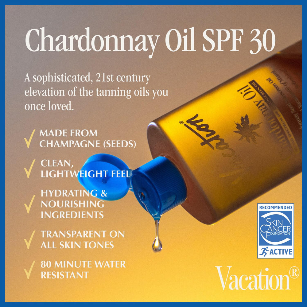 Vacation Chardonnay Oil SPF30 application demonstrates quick absorption and non-greasy finish.