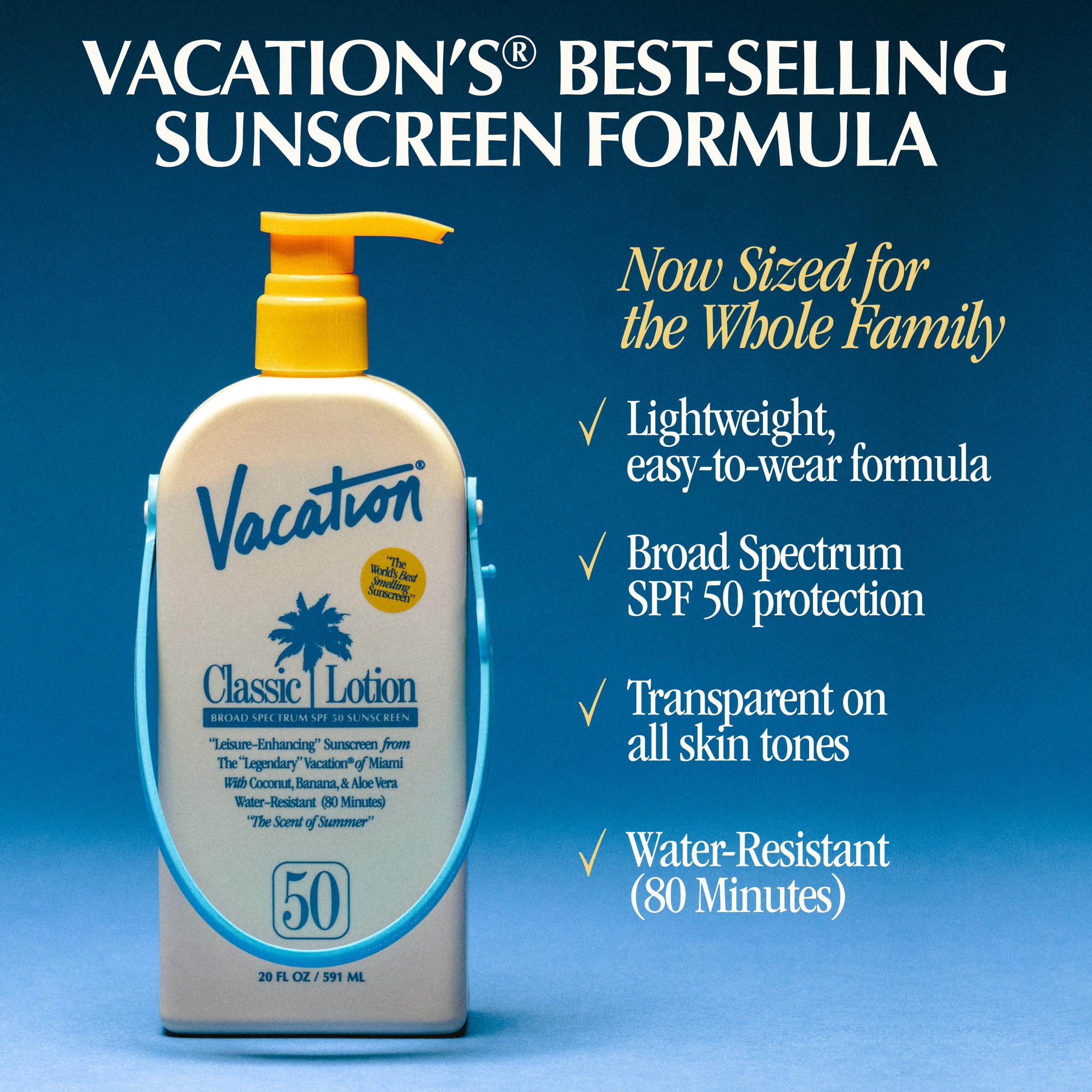 Vacation Classic Lotion SPF 50 showcases award‑winning coconut banana scent.