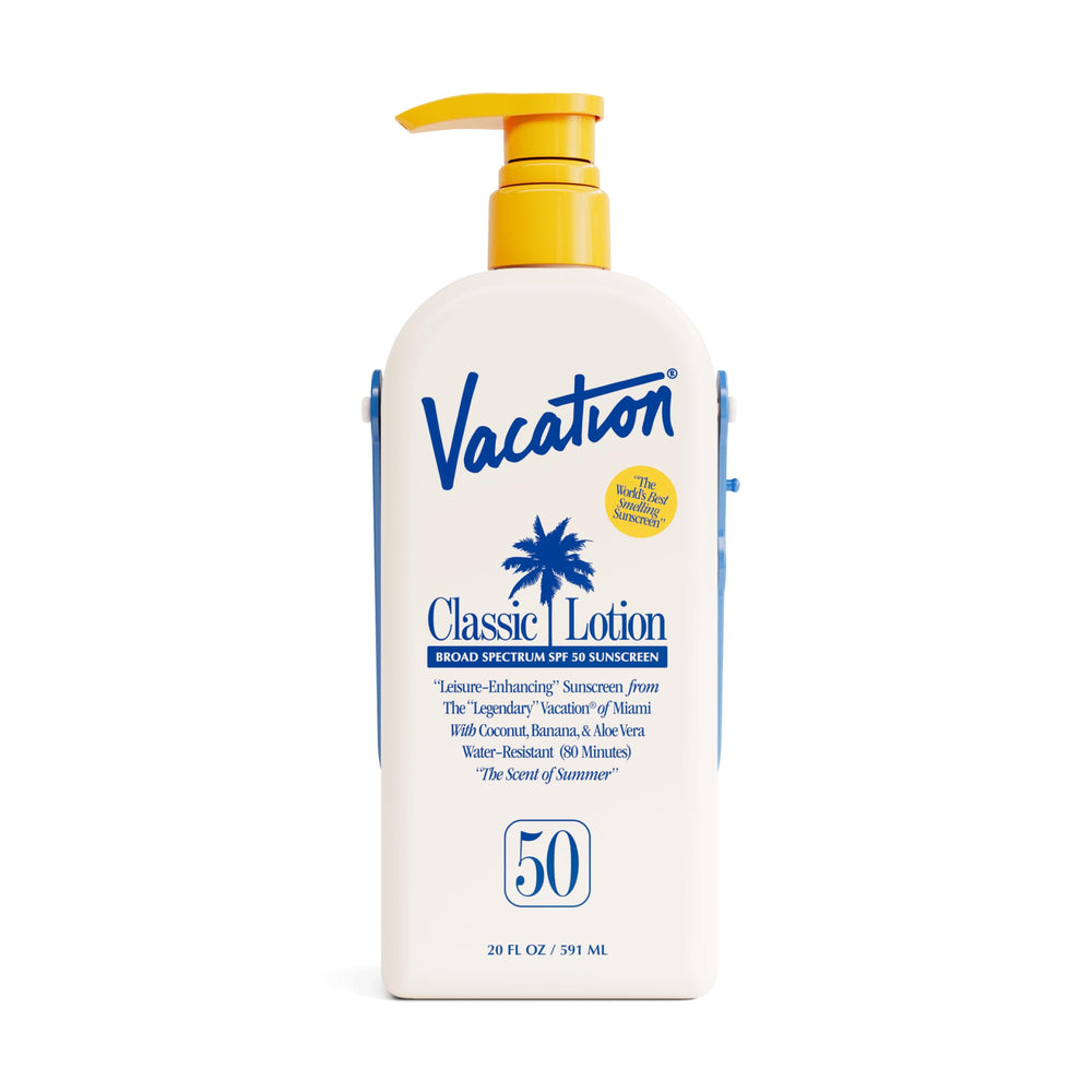 Vacation Classic Lotion SPF 50 bottle with pump for quick, even coverage.