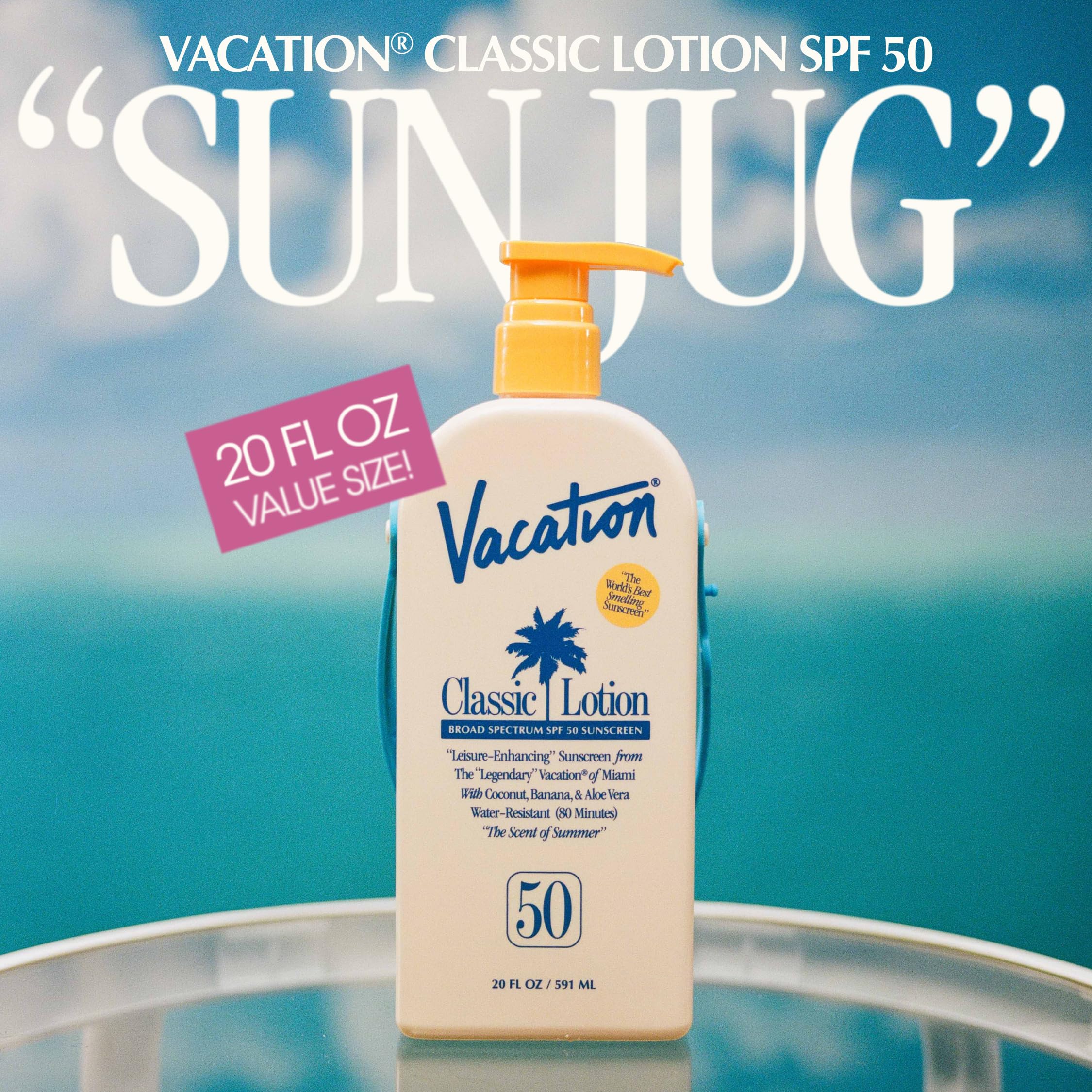 Vacation Classic Lotion SPF 50 water‑resistant bottle ready for pool days.