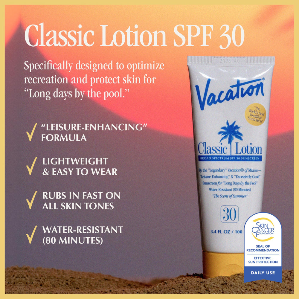 VACATION Classic Sunscreen Lotion being rubbed in for a streak-free finish.