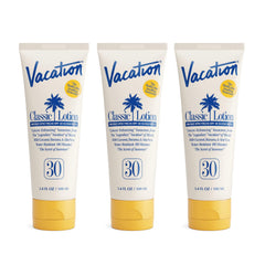 VACATION Classic Sunscreen Lotion bottle showing SPF 30 protection in travel-friendly packaging.