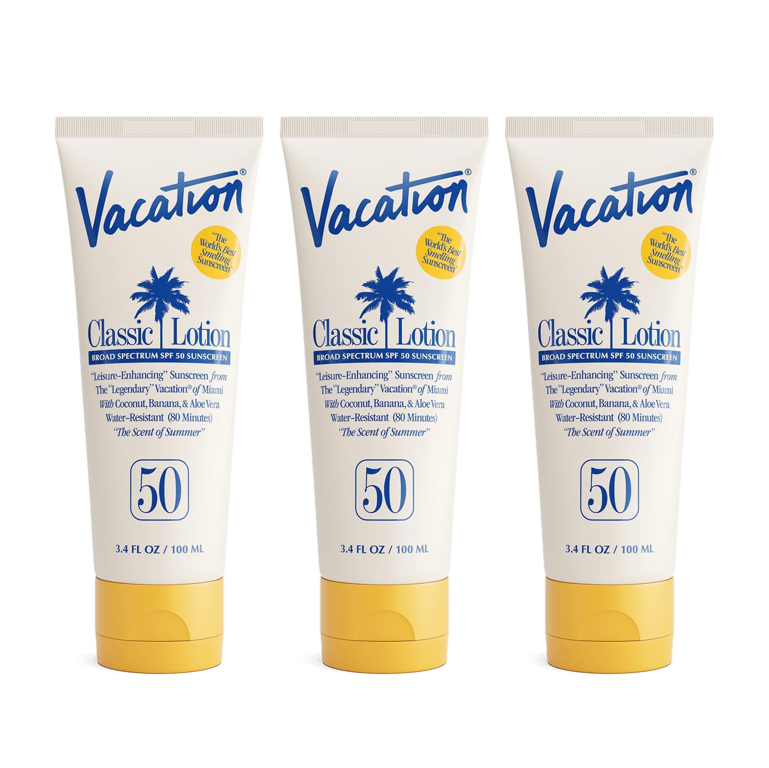 VACATION Classic Sunscreen Lotion SPF 50 pack shot highlighting travel-friendly value set