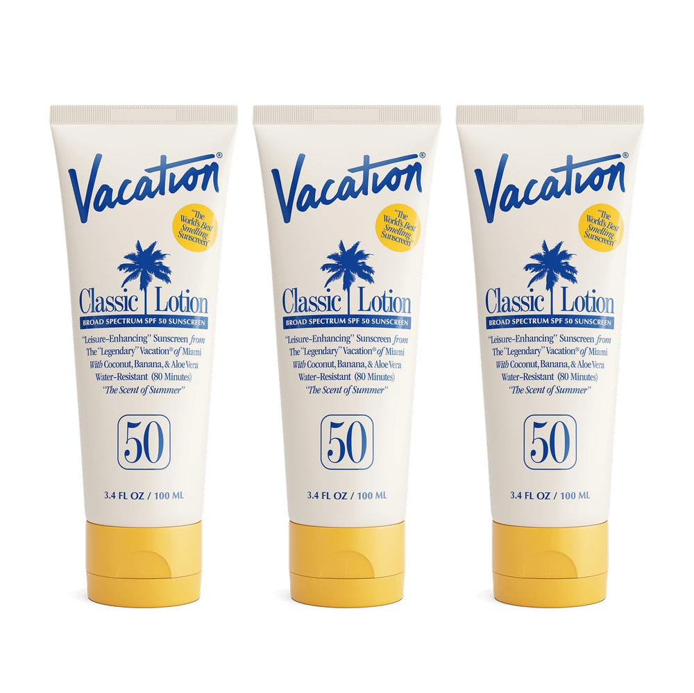 VACATION Classic Sunscreen Lotion SPF 50 pack shot highlighting travel-friendly value set