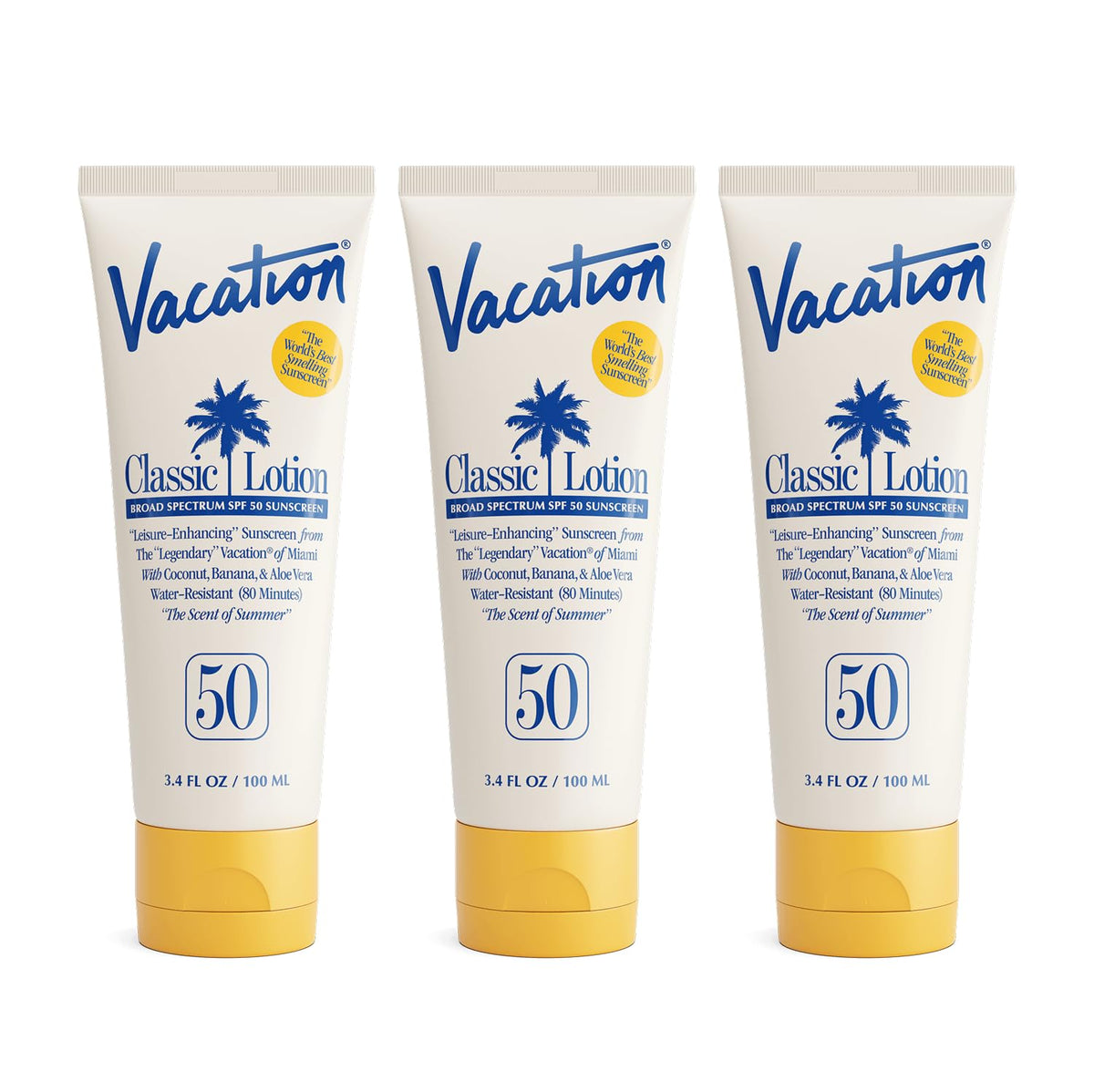VACATION Classic Sunscreen Lotion SPF 50 pack shot highlighting travel-friendly value set