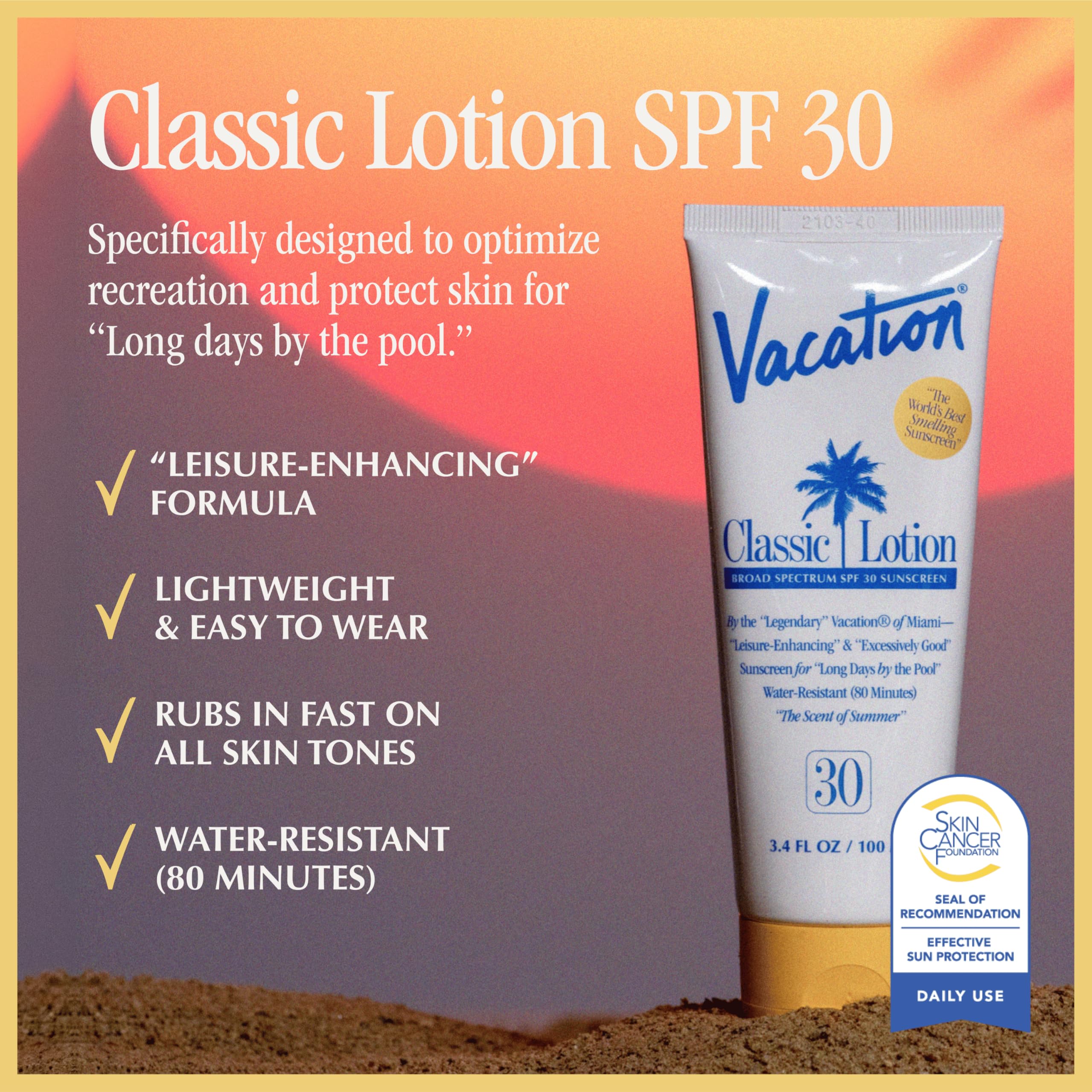 VACATION Classic Sunscreen Lotion spread on skin for quick absorption and a sheer finish.