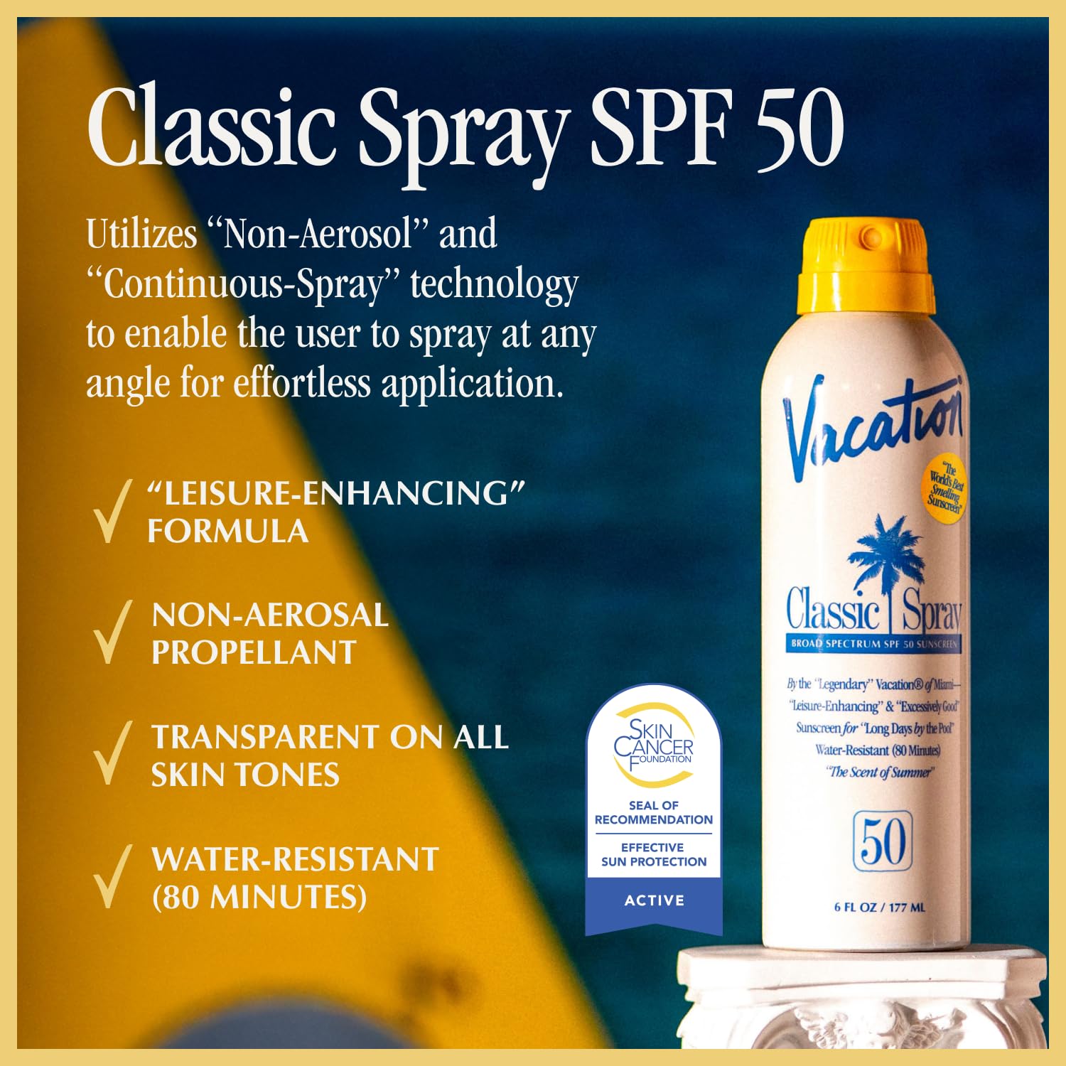 Vacation Classic sunscreen spray demonstrates upside-down, angled application for flexible use.