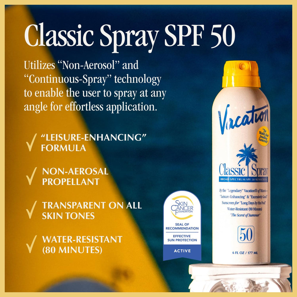 Vacation Classic sunscreen spray demonstrates upside-down, angled application for flexible use.